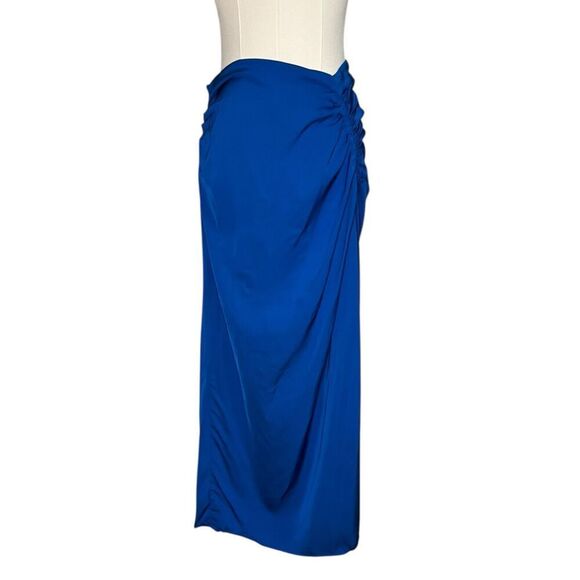 ZARA Women’s Medium Ruched Midi Skirt Blue Satin Slit - Picture 1 of 8